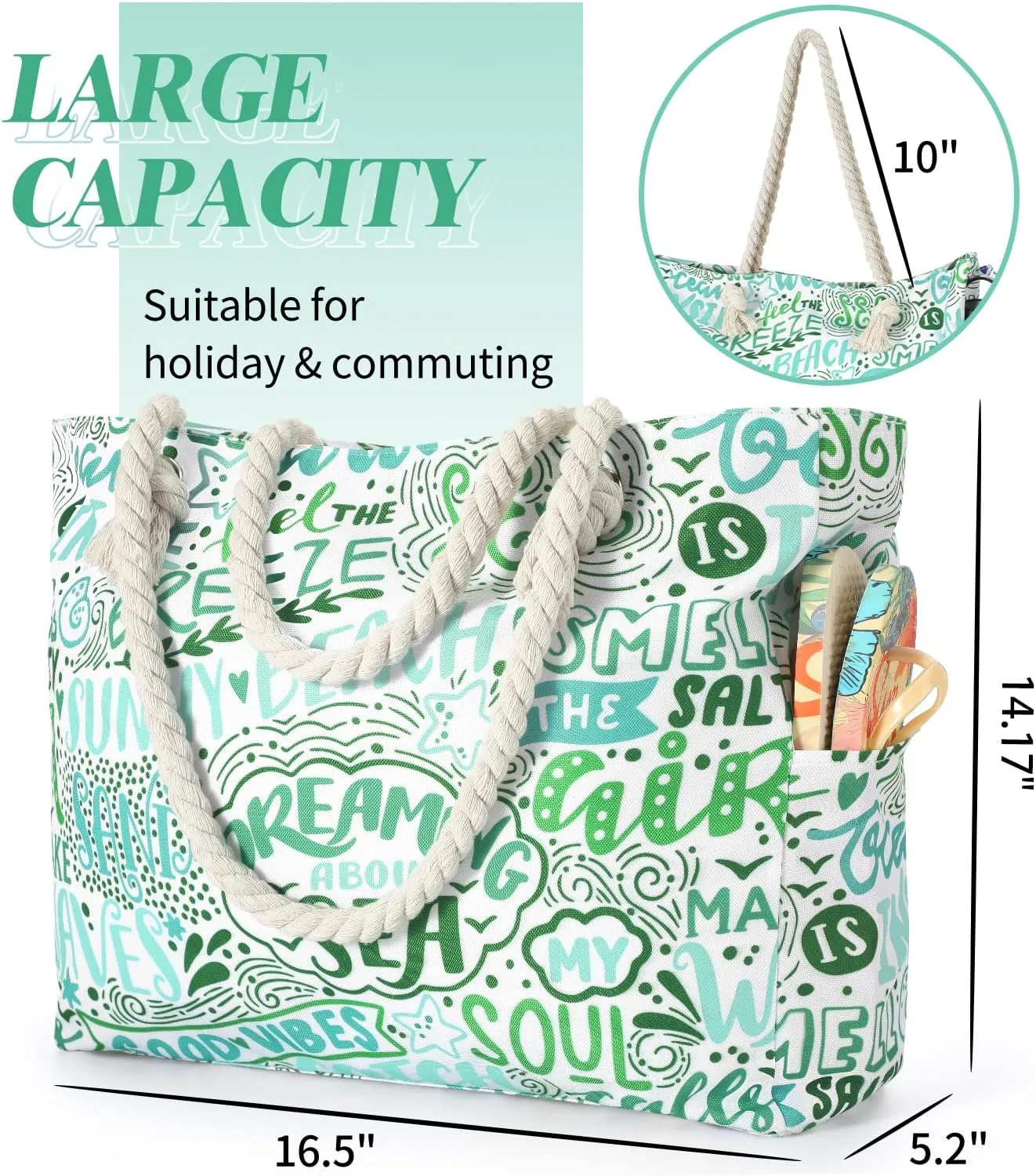 Beach Bags for Women - Large Beach Tote Bag, Women Sandproof Pool Bag for Pool Gym Grocery Travel