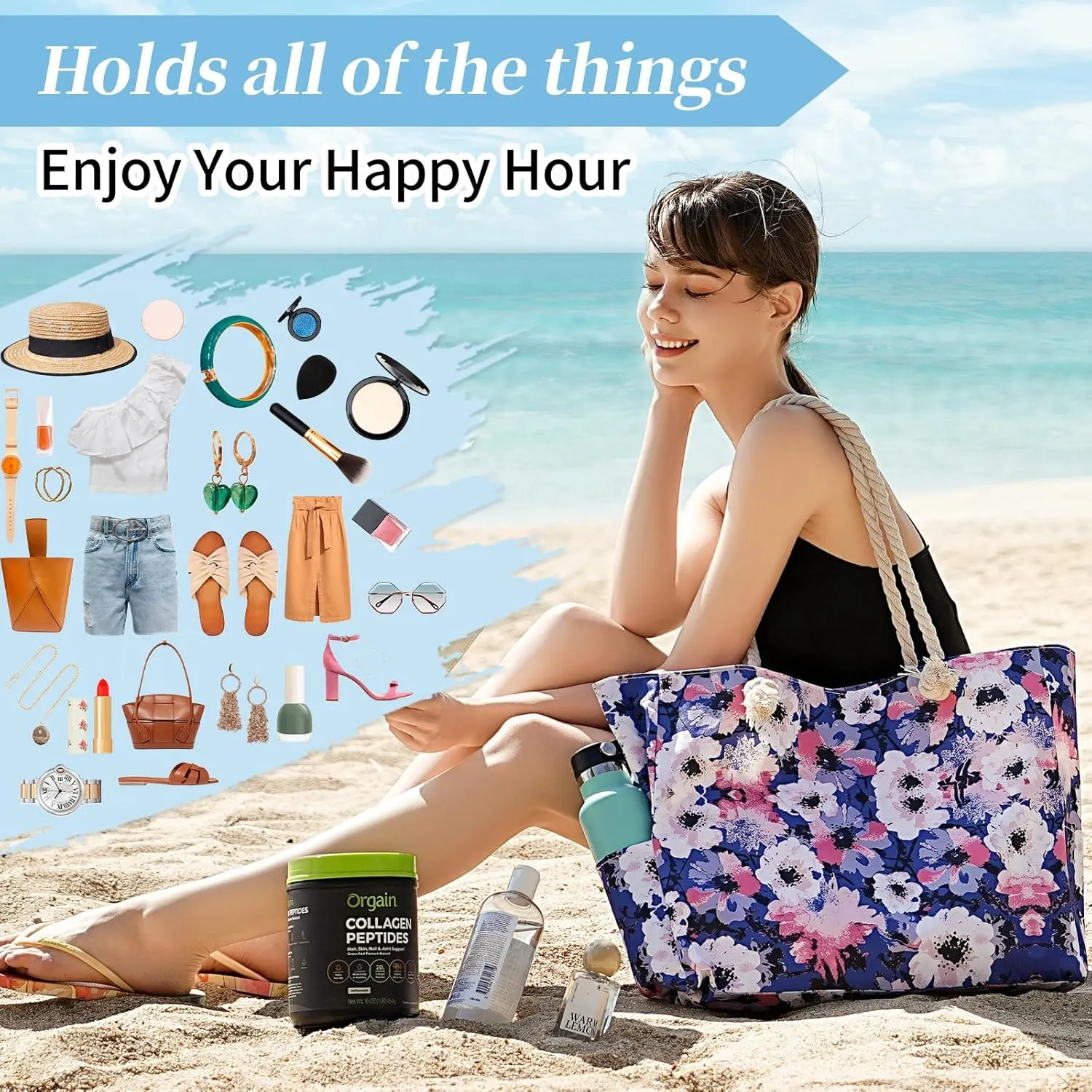 Beach Bags for Women - Large Beach Tote Bag, Women Sandproof Pool Bag for Pool Gym Grocery Travel