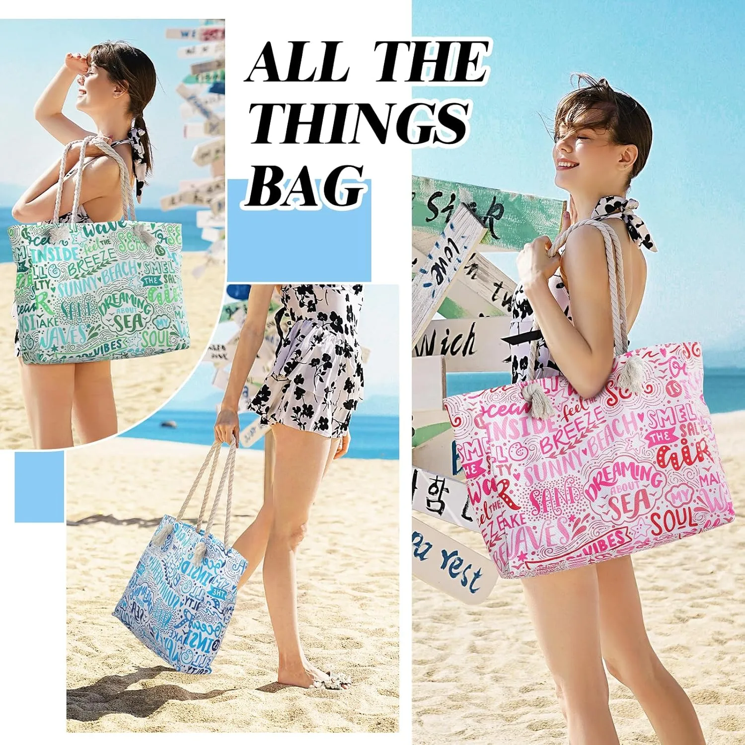 Beach Bags for Women - Large Beach Tote Bag, Women Sandproof Pool Bag for Pool Gym Grocery Travel