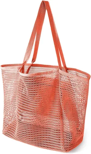 Beach Bags for Women, Summer Travel Mesh Tote Bag with Large Inner Pocket, Sandproof Woven Shoulder Handbag