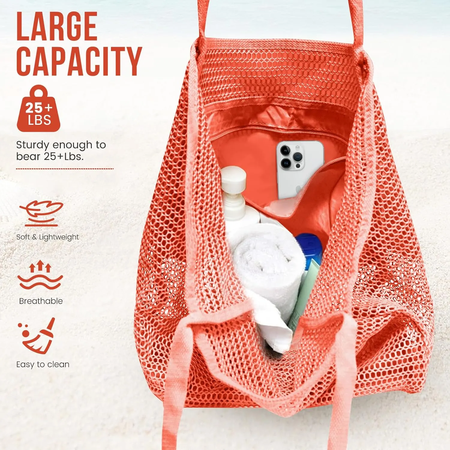 Beach Bags for Women, Summer Travel Mesh Tote Bag with Large Inner Pocket, Sandproof Woven Shoulder Handbag