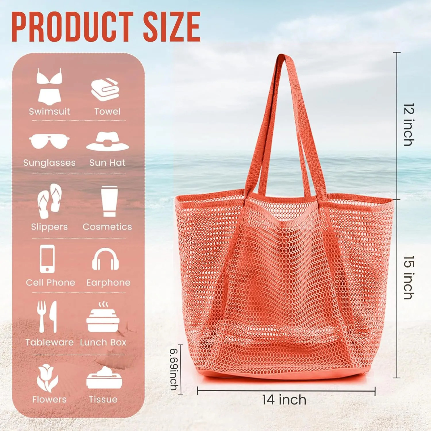 Beach Bags for Women, Summer Travel Mesh Tote Bag with Large Inner Pocket, Sandproof Woven Shoulder Handbag
