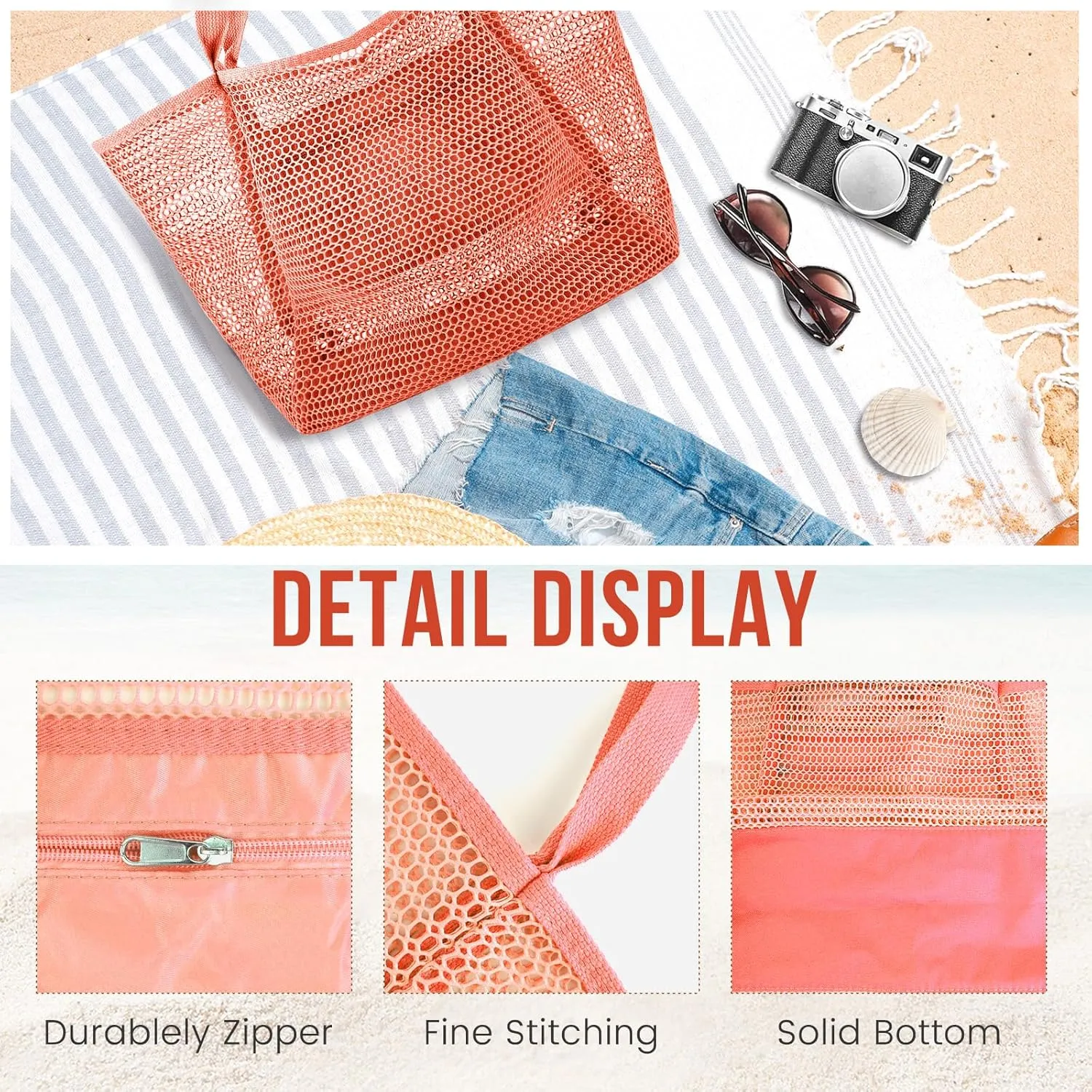 Beach Bags for Women, Summer Travel Mesh Tote Bag with Large Inner Pocket, Sandproof Woven Shoulder Handbag