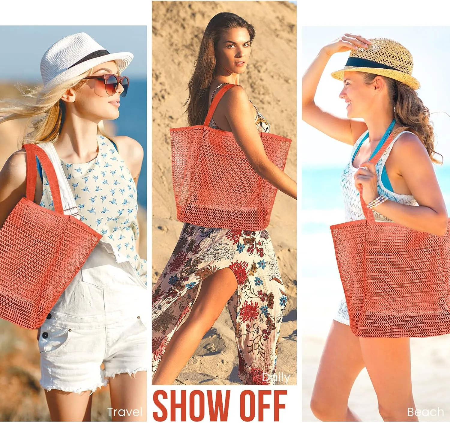 Beach Bags for Women, Summer Travel Mesh Tote Bag with Large Inner Pocket, Sandproof Woven Shoulder Handbag