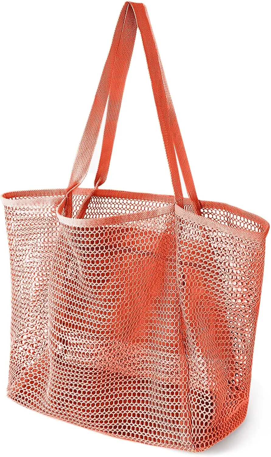 Beach Bags for Women, Summer Travel Mesh Tote Bag with Large Inner Pocket, Sandproof Woven Shoulder Handbag