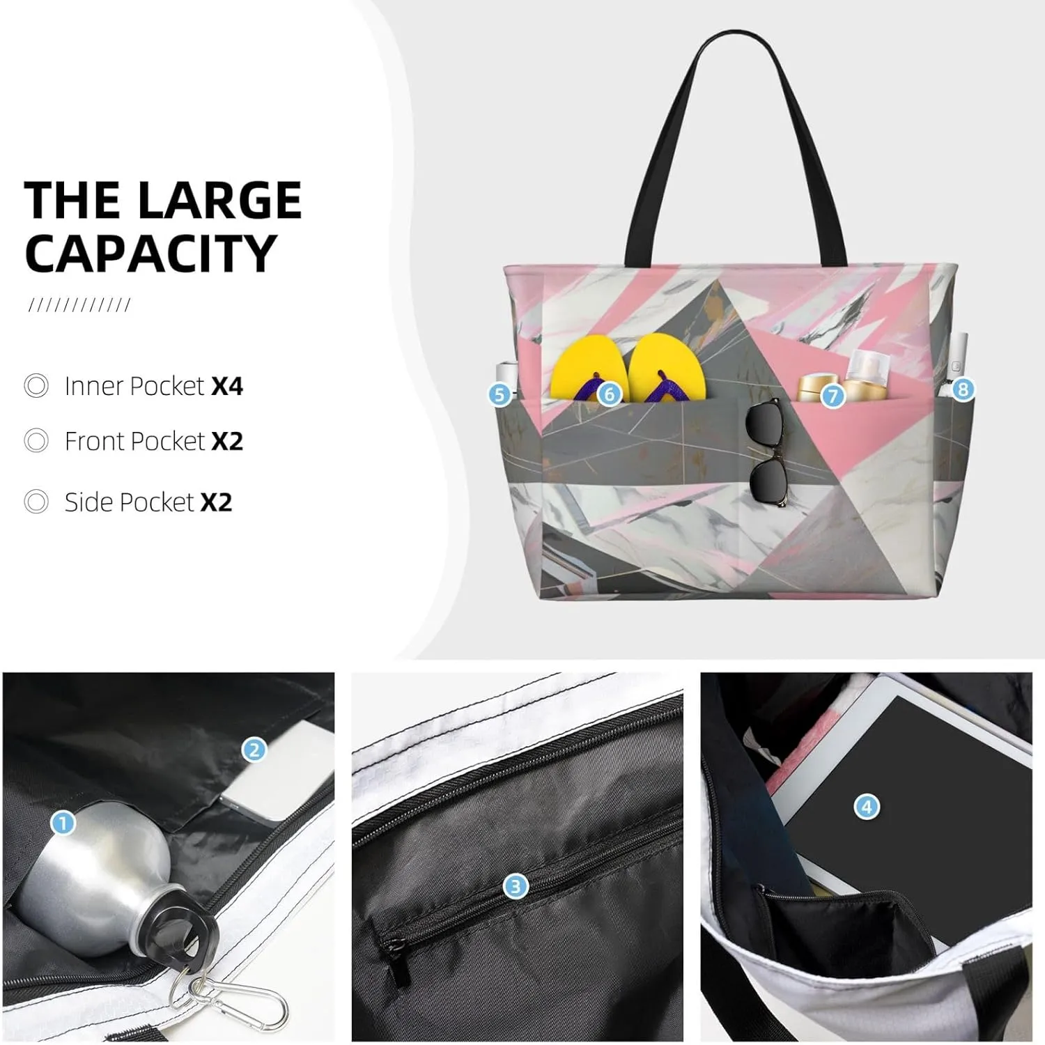 Beach Bags for Women Waterproof Sandproof Tote Bag, Large Beach Bag with Zipper for Gym Travel Vocation