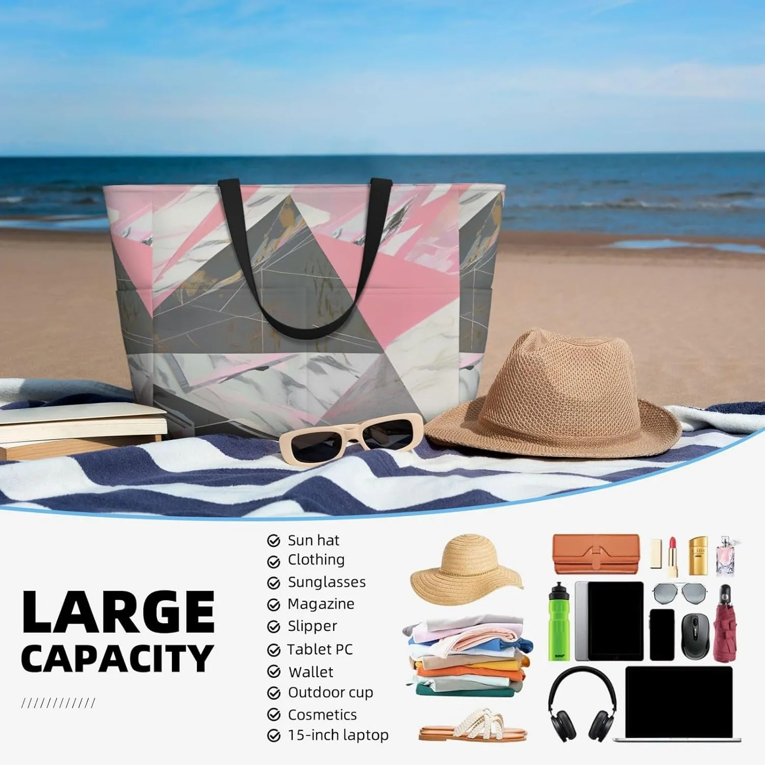 Beach Bags for Women Waterproof Sandproof Tote Bag, Large Beach Bag with Zipper for Gym Travel Vocation