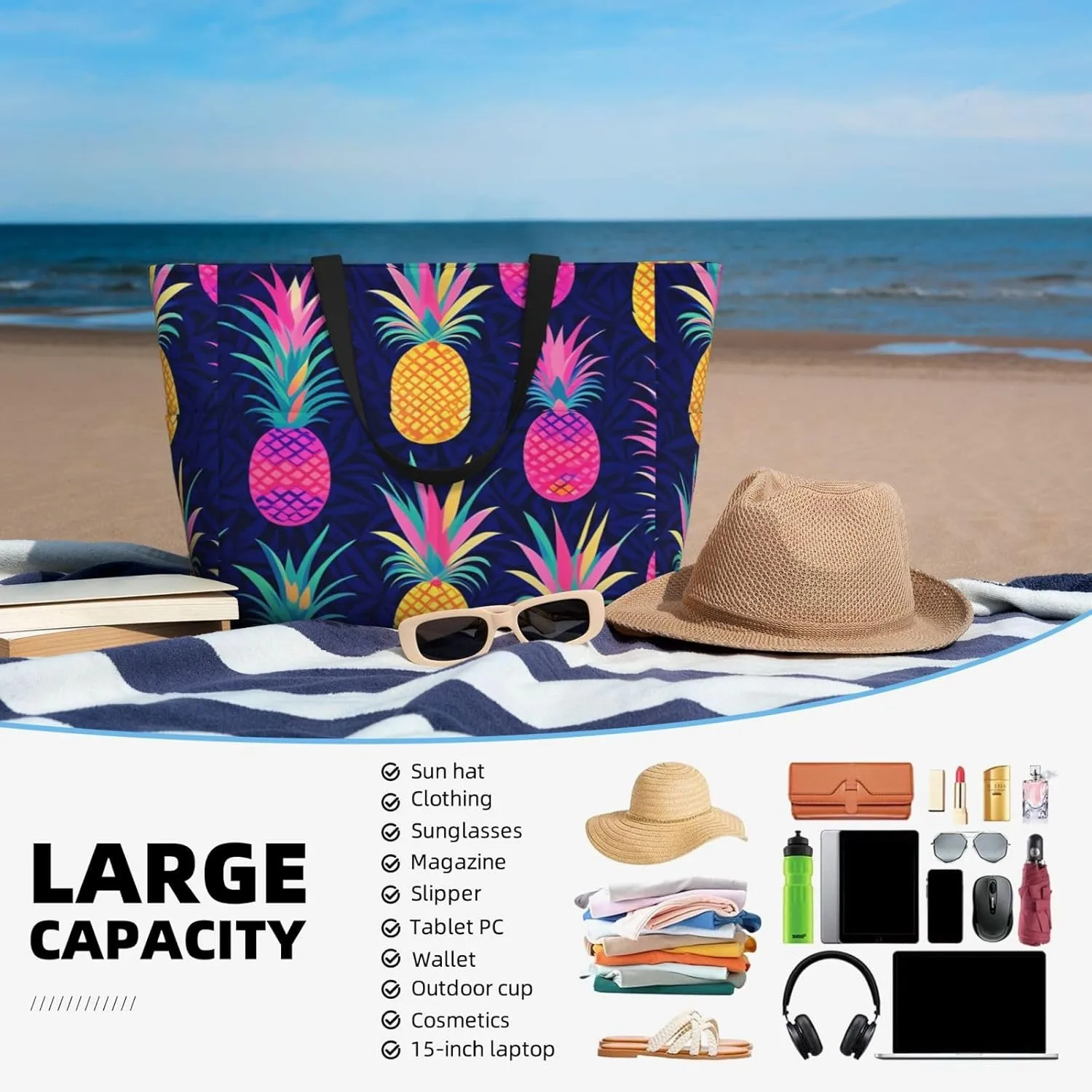 Beach Bags for Women Waterproof Sandproof Women Tote Bag, Large Beach Bag with Zipper for Gym Travel Vocation