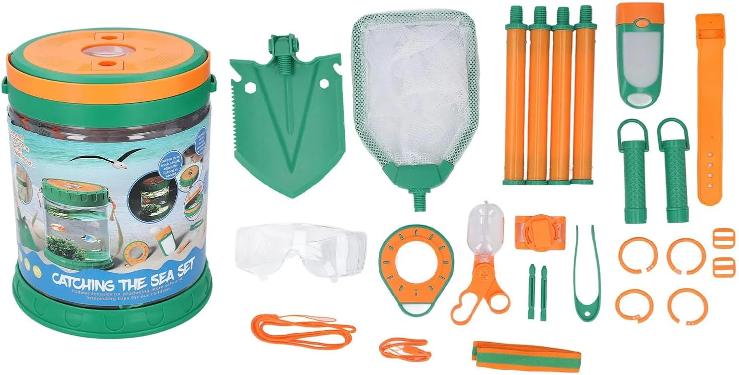 Beach Mesh Shovel Set Colorful Outdoor Explorer Kit with Shovel Observation Bucket Tongs Flashlight Mesh Net Magnifier for Kids Beach Play Plastic