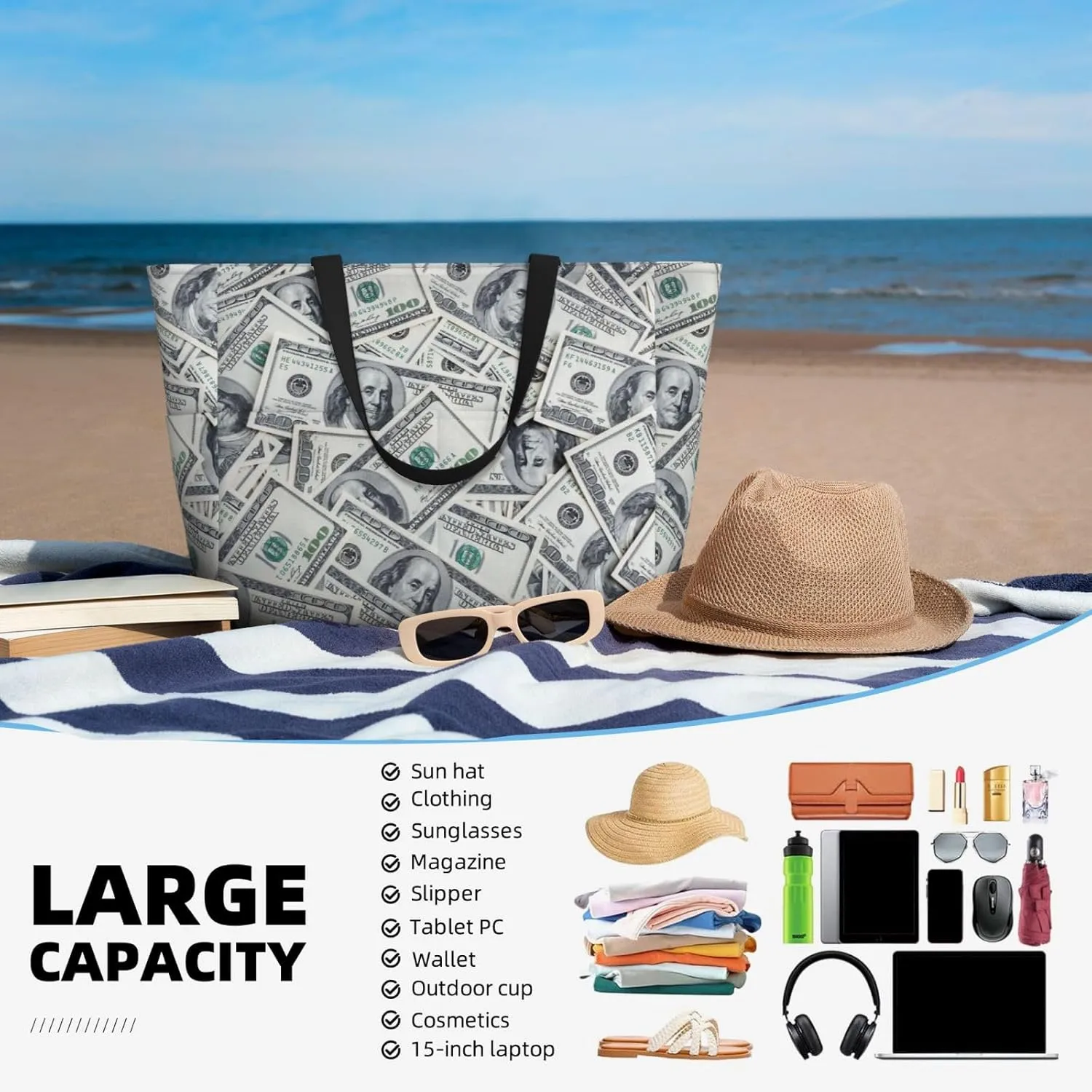 Beach Tote Bag for Women Beach Bag Waterproof and Sandproof Tote Bag with Wet Bag Large Travel Bag for Weekend Travel