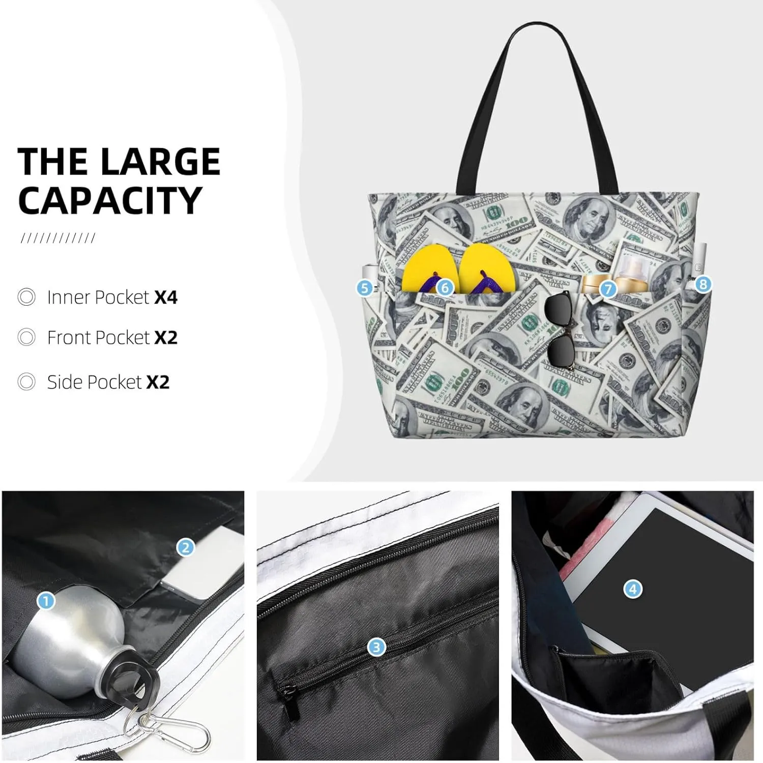Beach Tote Bag for Women Beach Bag Waterproof and Sandproof Tote Bag with Wet Bag Large Travel Bag for Weekend Travel