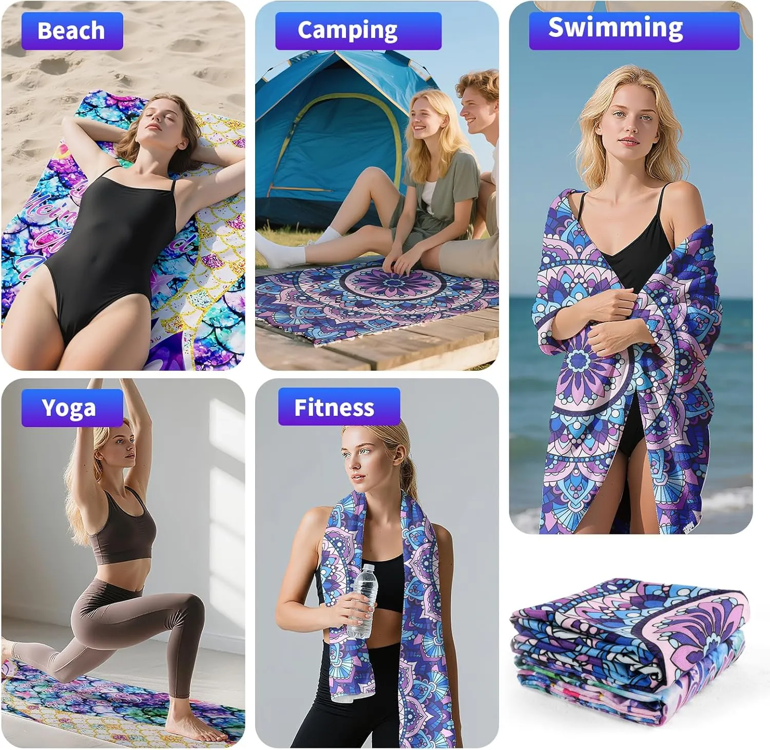 Beach Towel, 2 Pack of 70 x32 Lightweight Sand Free Absorbent Microfiber Towels for Swimming, Travel, Yoga, Camping, Vacation Accessories Essentials for Men & Women