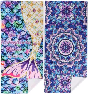 Beach Towel, 2 Pack of 70 x32 Lightweight Sand Free Absorbent Microfiber Towels for Swimming, Travel, Yoga, Camping, Vacation Accessories Essentials for Men & Women