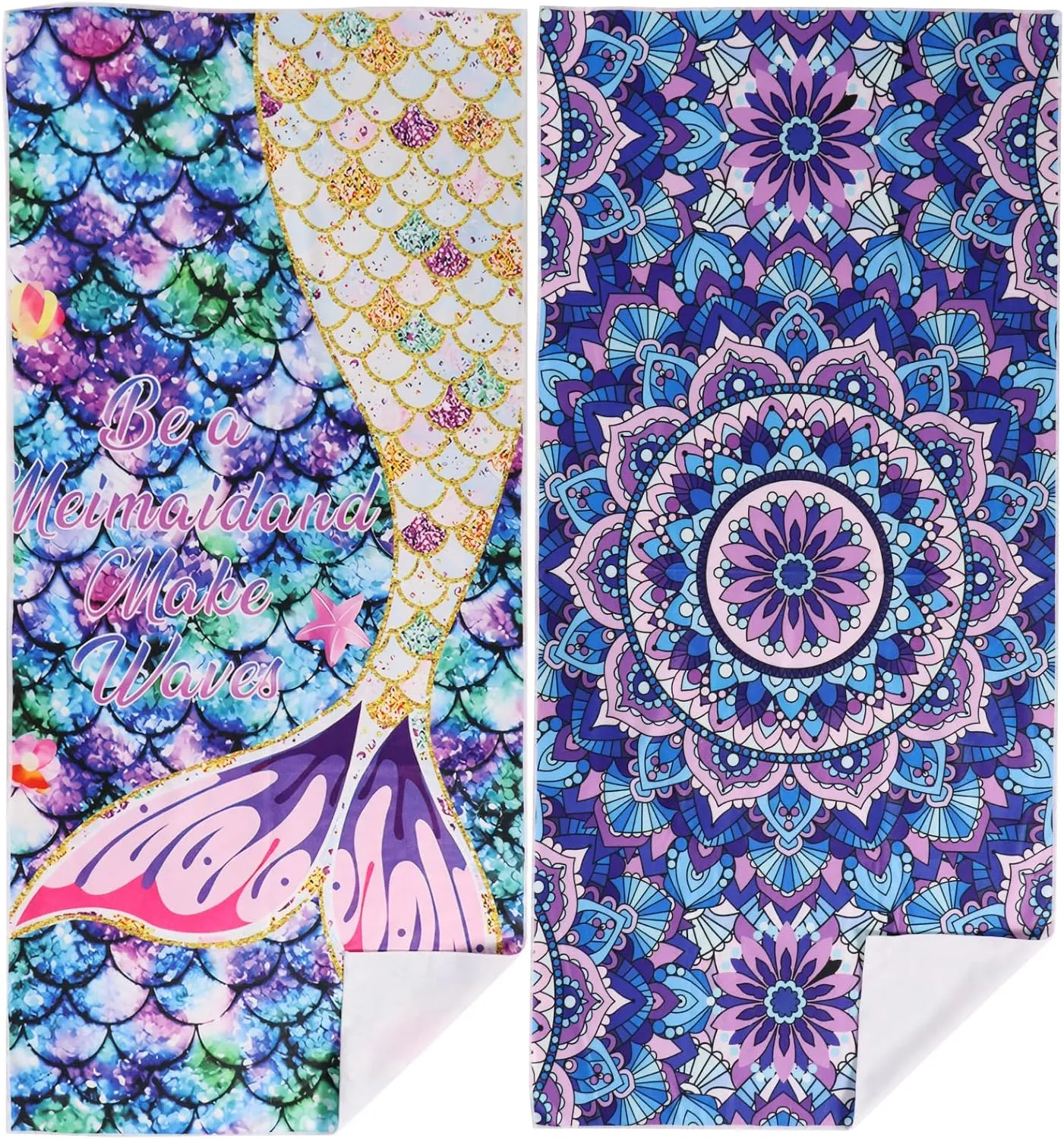 Beach Towel, 2 Pack of 70 x32 Lightweight Sand Free Absorbent Microfiber Towels for Swimming, Travel, Yoga, Camping, Vacation Accessories Essentials for Men & Women
