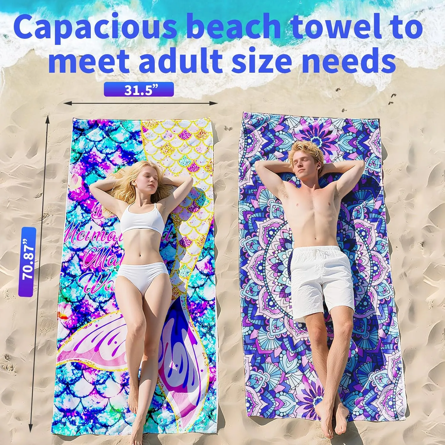 Beach Towel, 2 Pack of 70 x32 Lightweight Sand Free Absorbent Microfiber Towels for Swimming, Travel, Yoga, Camping, Vacation Accessories Essentials for Men & Women