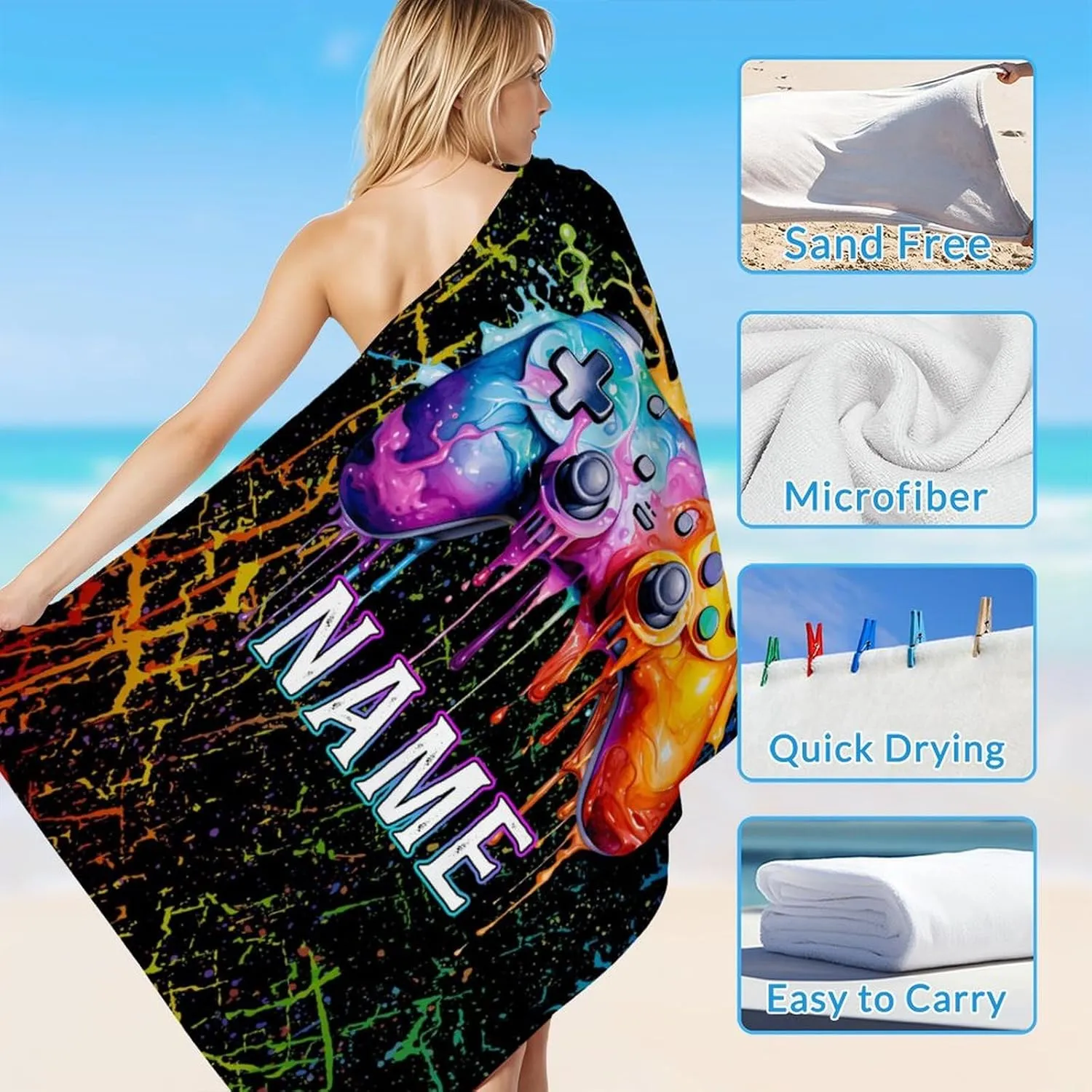 Beach Towel for Boys Men, Custom Gaming Beach Essential Gifts for Kids Teens, Personalized Absorbent Sandless Gamer Bathroom Towel Accessories for Seaside Pool Picnic