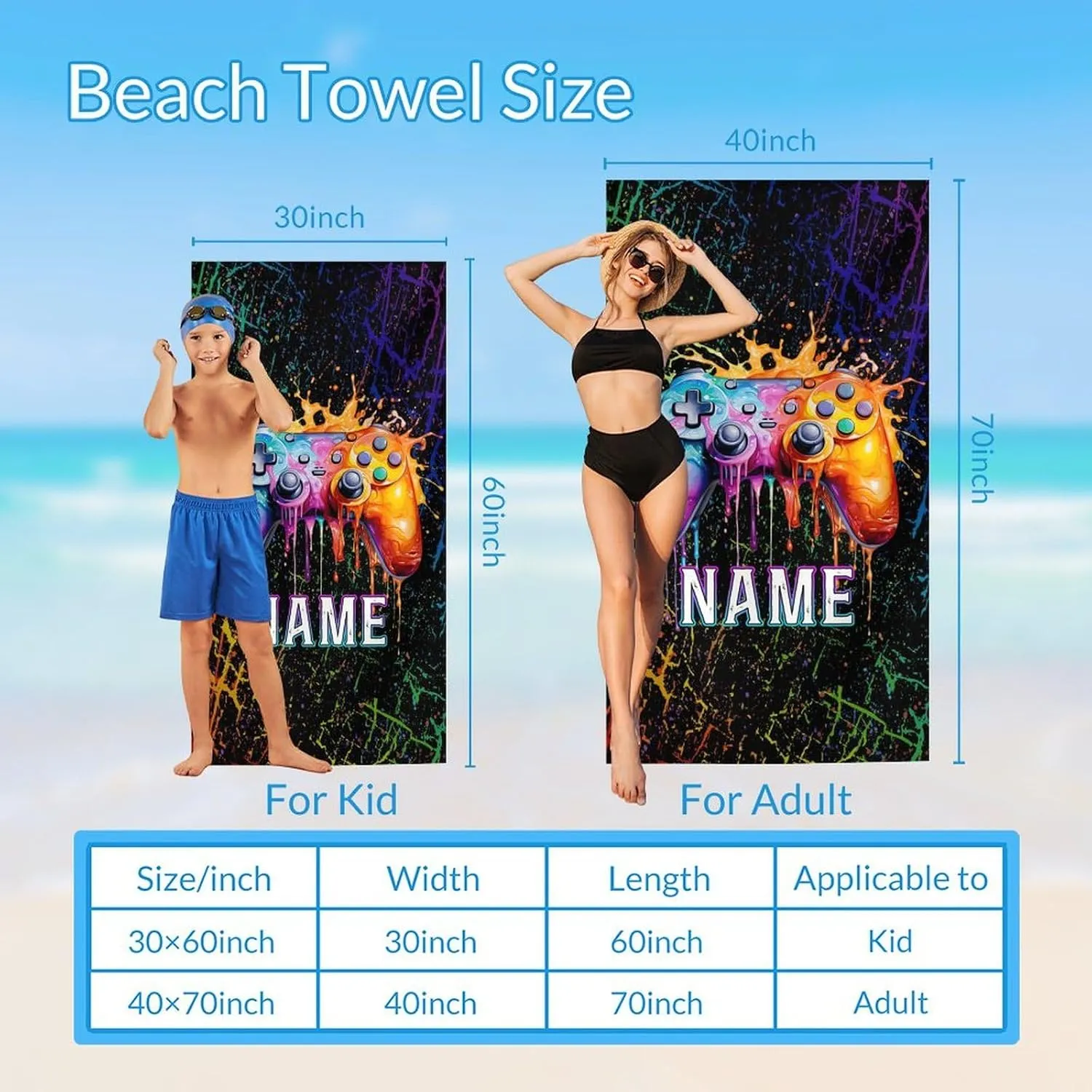 Beach Towel for Boys Men, Custom Gaming Beach Essential Gifts for Kids Teens, Personalized Absorbent Sandless Gamer Bathroom Towel Accessories for Seaside Pool Picnic
