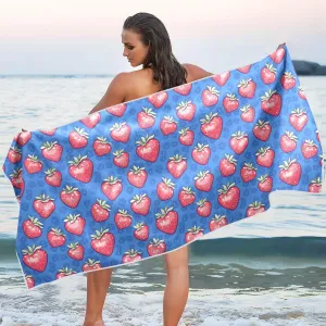 Beach Towel Strawberries Blue Print Oversized Sand Free Quick Dry Lightweight with Storage Bag for Women Men 31X71 in