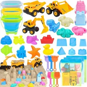 Beach Toys, 35Pcs Sand Toys, Sandbox Toys with 3 Truck 3 Collapsible Beach Bucket, Sand Castle Toys Kit, Animal Dinosaur Molds, Shovel Set, Mesh Bag, Travel Toys for Kids Toddlers Boys Girls