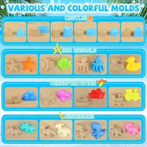 Beach Toys, 35Pcs Sand Toys, Sandbox Toys with 3 Truck 3 Collapsible Beach Bucket, Sand Castle Toys Kit, Animal Dinosaur Molds, Shovel Set, Mesh Bag, Travel Toys for Kids Toddlers Boys Girls