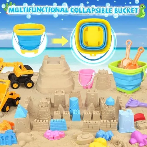 Beach Toys, 35Pcs Sand Toys, Sandbox Toys with 3 Truck 3 Collapsible Beach Bucket, Sand Castle Toys Kit, Animal Dinosaur Molds, Shovel Set, Mesh Bag, Travel Toys for Kids Toddlers Boys Girls