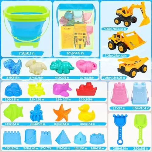 Beach Toys, 35Pcs Sand Toys, Sandbox Toys with 3 Truck 3 Collapsible Beach Bucket, Sand Castle Toys Kit, Animal Dinosaur Molds, Shovel Set, Mesh Bag, Travel Toys for Kids Toddlers Boys Girls