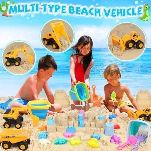 Beach Toys, 35Pcs Sand Toys, Sandbox Toys with 3 Truck 3 Collapsible Beach Bucket, Sand Castle Toys Kit, Animal Dinosaur Molds, Shovel Set, Mesh Bag, Travel Toys for Kids Toddlers Boys Girls