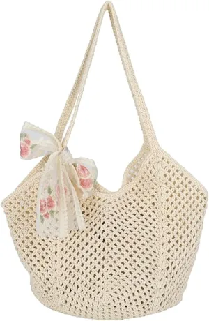 Beach Woven Crochet Bag for Women Straw Hobo Mesh Tote Knit Bags, for Daily Picnic Summer Holiday Travel Vacation