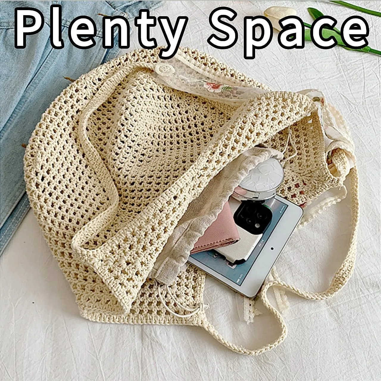 Beach Woven Crochet Bag for Women Straw Hobo Mesh Tote Knit Bags, for Daily Picnic Summer Holiday Travel Vacation