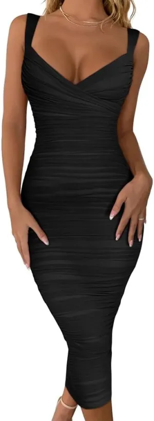 BEAGIMEG Women's Sexy Bodycon Sleeveless Ruched Mesh Club Party Midi Dress