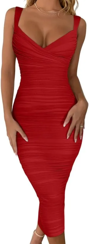 BEAGIMEG Women's Sexy Bodycon Sleeveless Ruched Mesh Club Party Midi Dress