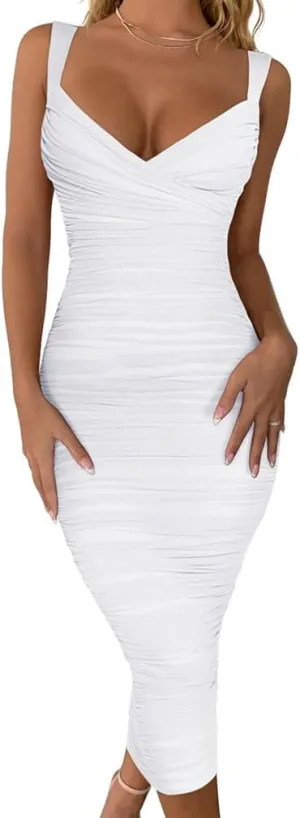 BEAGIMEG Women's Sexy Bodycon Sleeveless Ruched Mesh Club Party Midi Dress