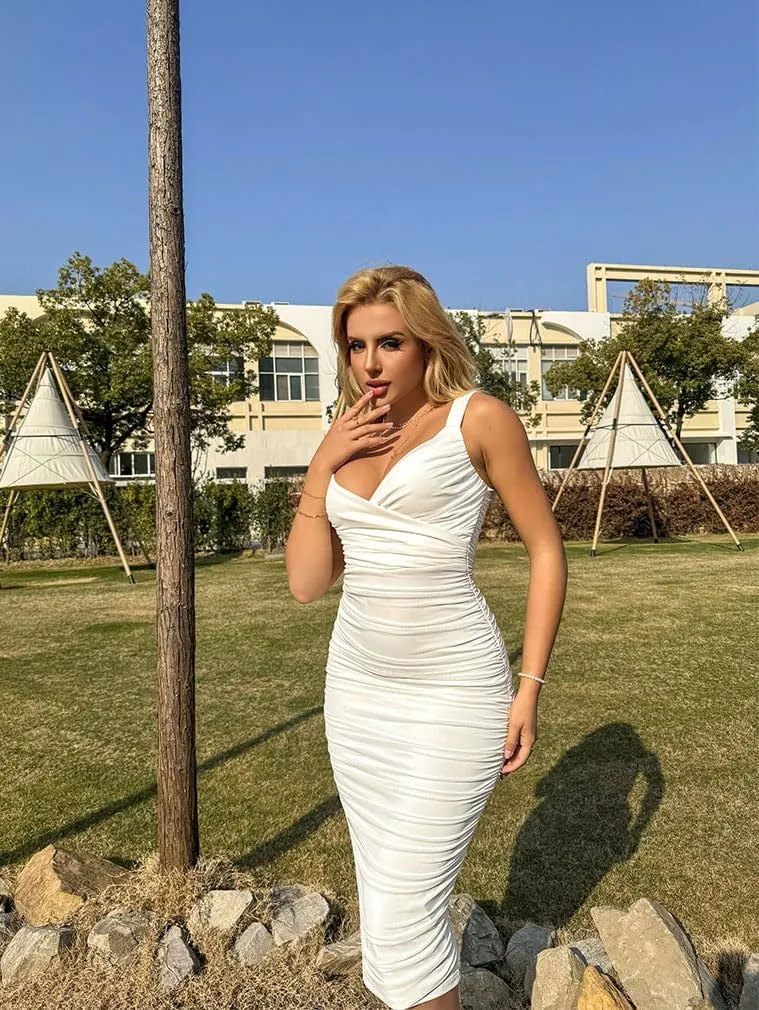 BEAGIMEG Women's Sexy Bodycon Sleeveless Ruched Mesh Club Party Midi Dress