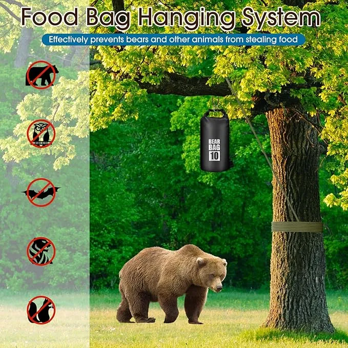 Bear Food Bag Hanging System, Bear Bags for Food Backpacking, Ultralight Bear Proof Food Storage Canister Bag, 10L Waterproof Camping Bear Food Bag Pulley System with Paracord, Carabiner, Throw Bag