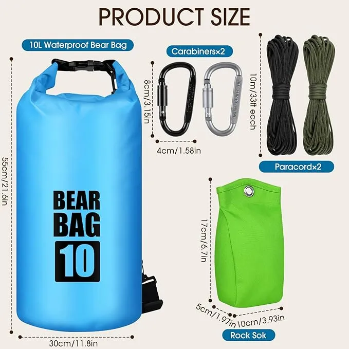 Bear Food Bag Hanging System, Bear Bags for Food Backpacking, Ultralight Bear Proof Food Storage Canister Bag, 10L Waterproof Camping Bear Food Bag Pulley System with Paracord, Carabiner, Throw Bag