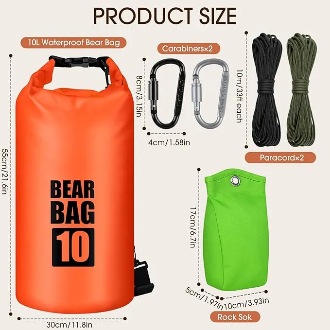 Bear Food Bag Hanging System, Bear Bags for Food Backpacking, Ultralight Bear Proof Food Storage Canister Bag, 10L Waterproof Camping Bear Food Bag Pulley System with Paracord, Carabiner, Throw Bag