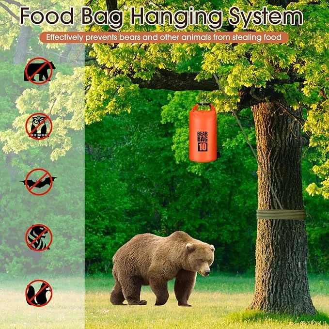 Bear Food Bag Hanging System, Bear Bags for Food Backpacking, Ultralight Bear Proof Food Storage Canister Bag, 10L Waterproof Camping Bear Food Bag Pulley System with Paracord, Carabiner, Throw Bag