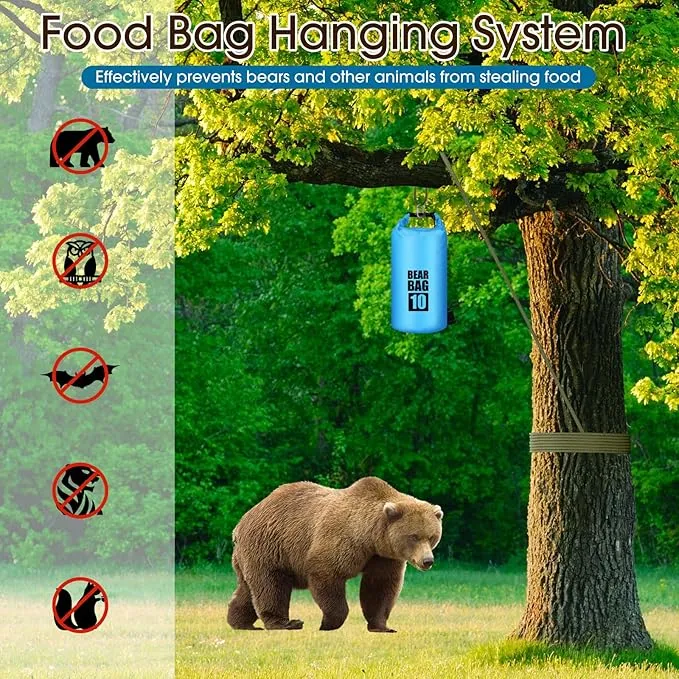 Bear Food Bag Hanging System, Bear Bags for Food Backpacking, Ultralight Bear Proof Food Storage Canister Bag, 10L Waterproof Camping Bear Food Bag Pulley System with Paracord, Carabiner, Throw Bag