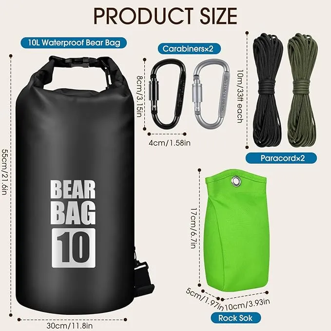 Bear Food Bag Hanging System, Bear Bags for Food Backpacking, Ultralight Bear Proof Food Storage Canister Bag, 10L Waterproof Camping Bear Food Bag Pulley System with Paracord, Carabiner, Throw Bag