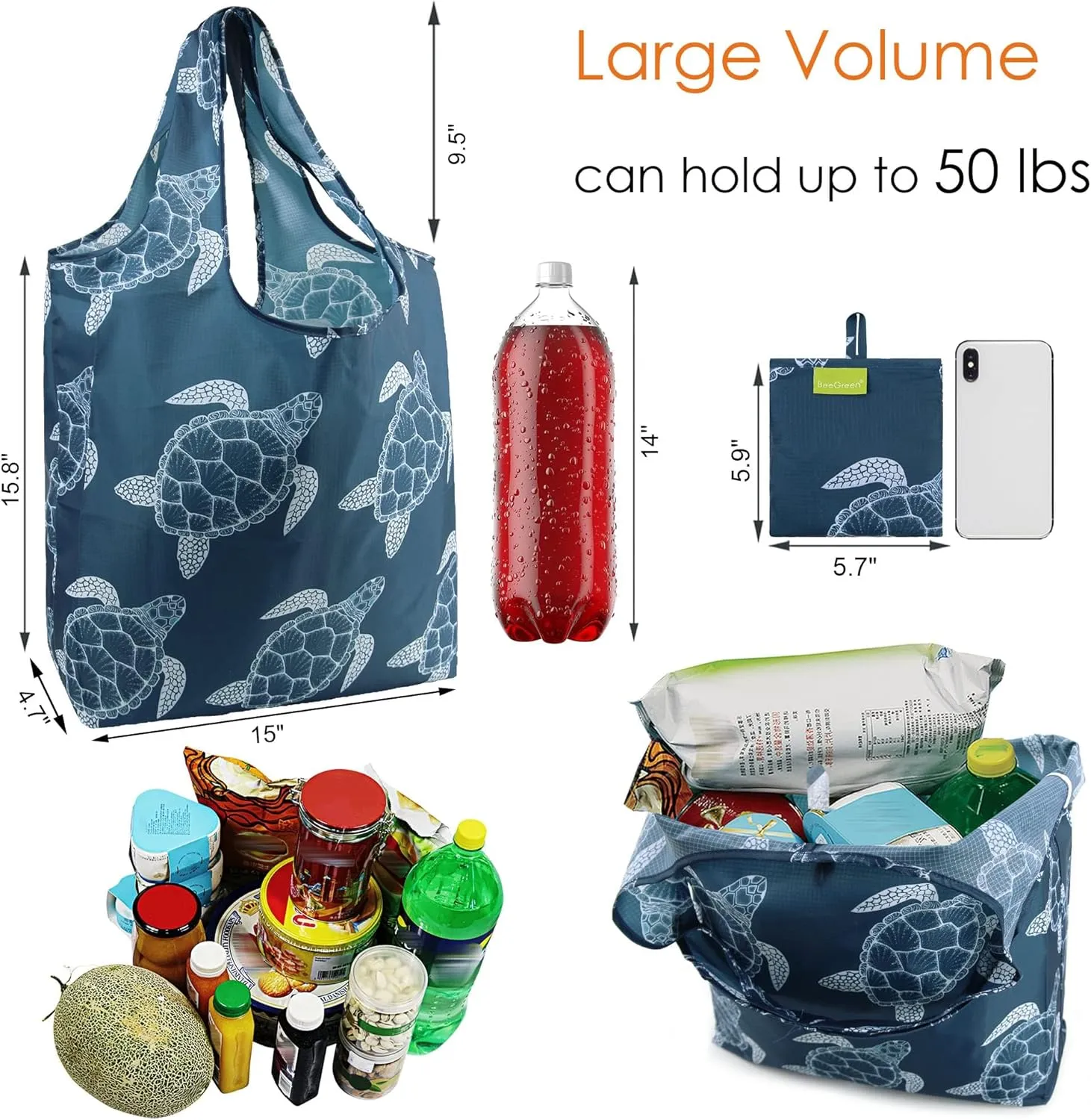 BeeGreen 6 Pack Animal Reusable Grocery – Large 50L Shopping Tote, Reusable for Women, Foldable & Machine Washable Polyester Gift with Handles, Shopping with Pouch, Collapsible Basket