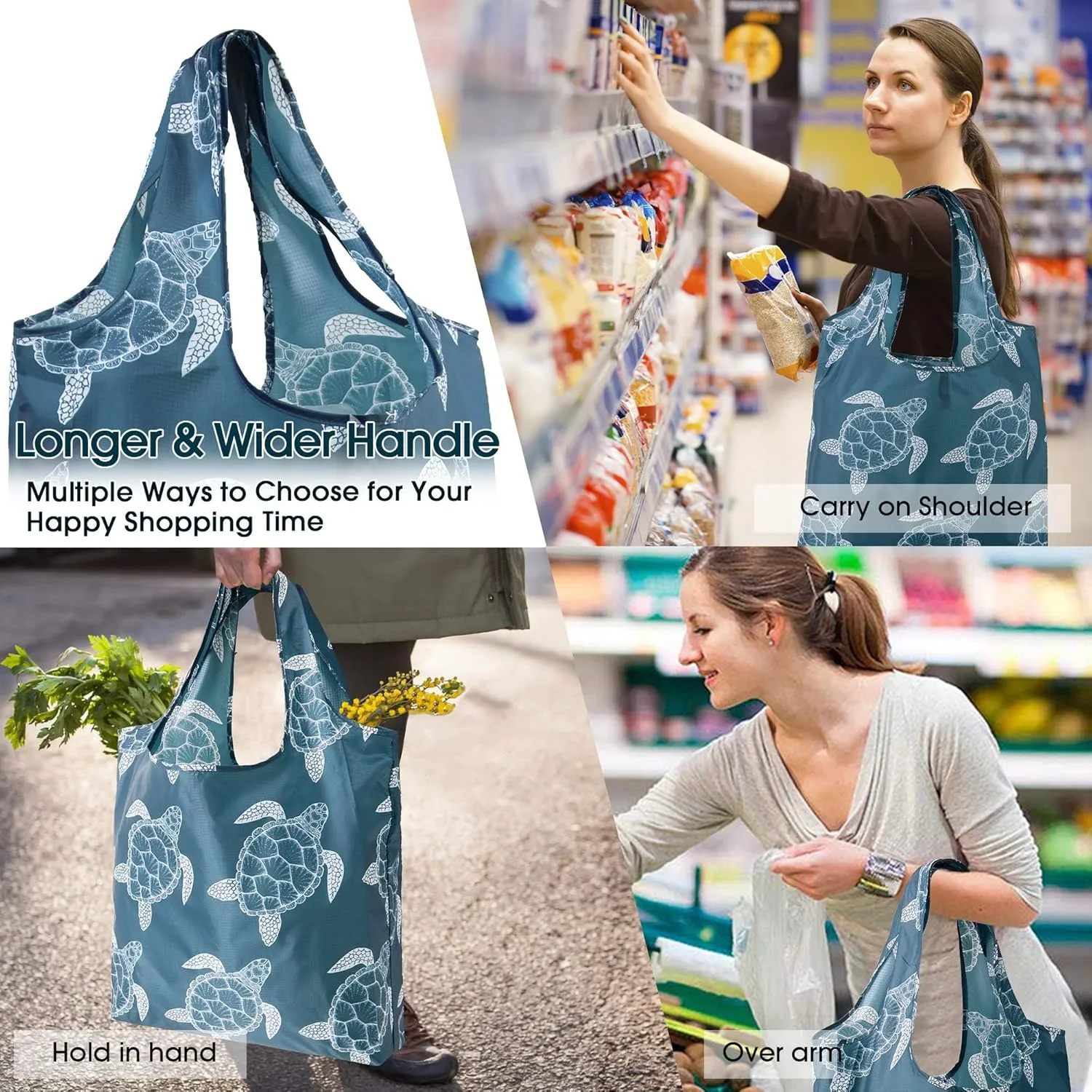 BeeGreen 6 Pack Animal Reusable Grocery – Large 50L Shopping Tote, Reusable for Women, Foldable & Machine Washable Polyester Gift with Handles, Shopping with Pouch, Collapsible Basket