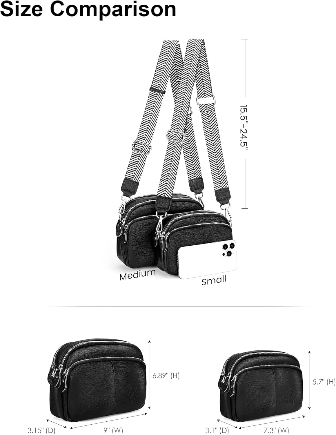 befen Small Genuine Leather Camera Crossbody Bags for Women Triple Zip Cross Body Purses Handbag with Wide Strap