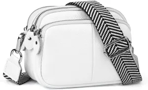 befen Small Genuine Leather Camera Crossbody Bags for Women Triple Zip Cross Body Purses Handbag with Wide Strap