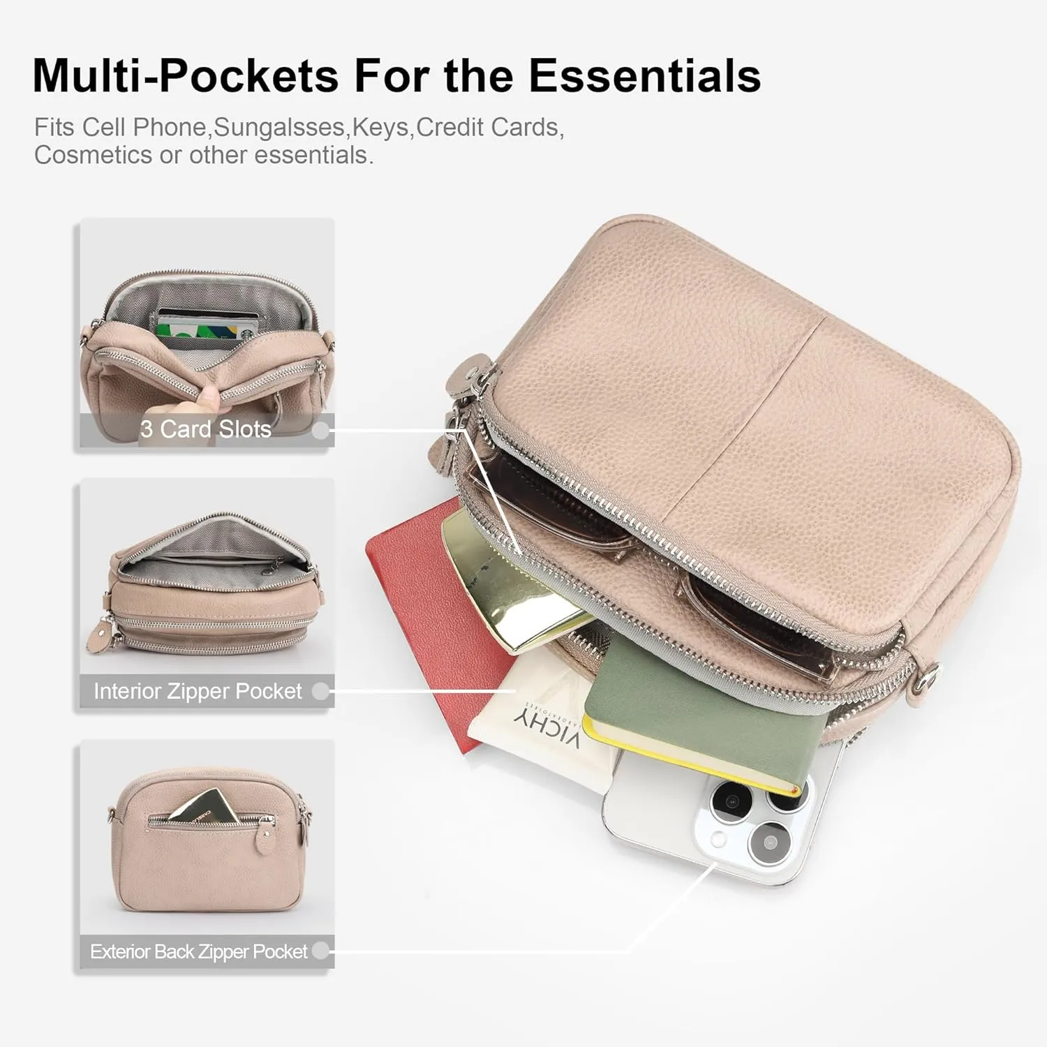 befen Small Genuine Leather Camera Crossbody Bags for Women Triple Zip Cross Body Purses Handbag with Wide Strap