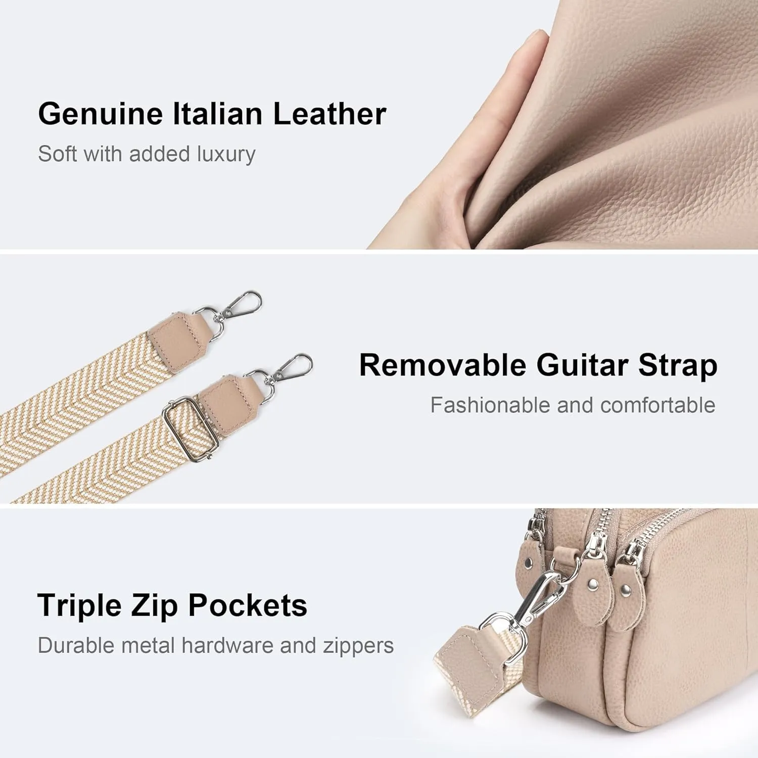 befen Small Genuine Leather Camera Crossbody Bags for Women Triple Zip Cross Body Purses Handbag with Wide Strap