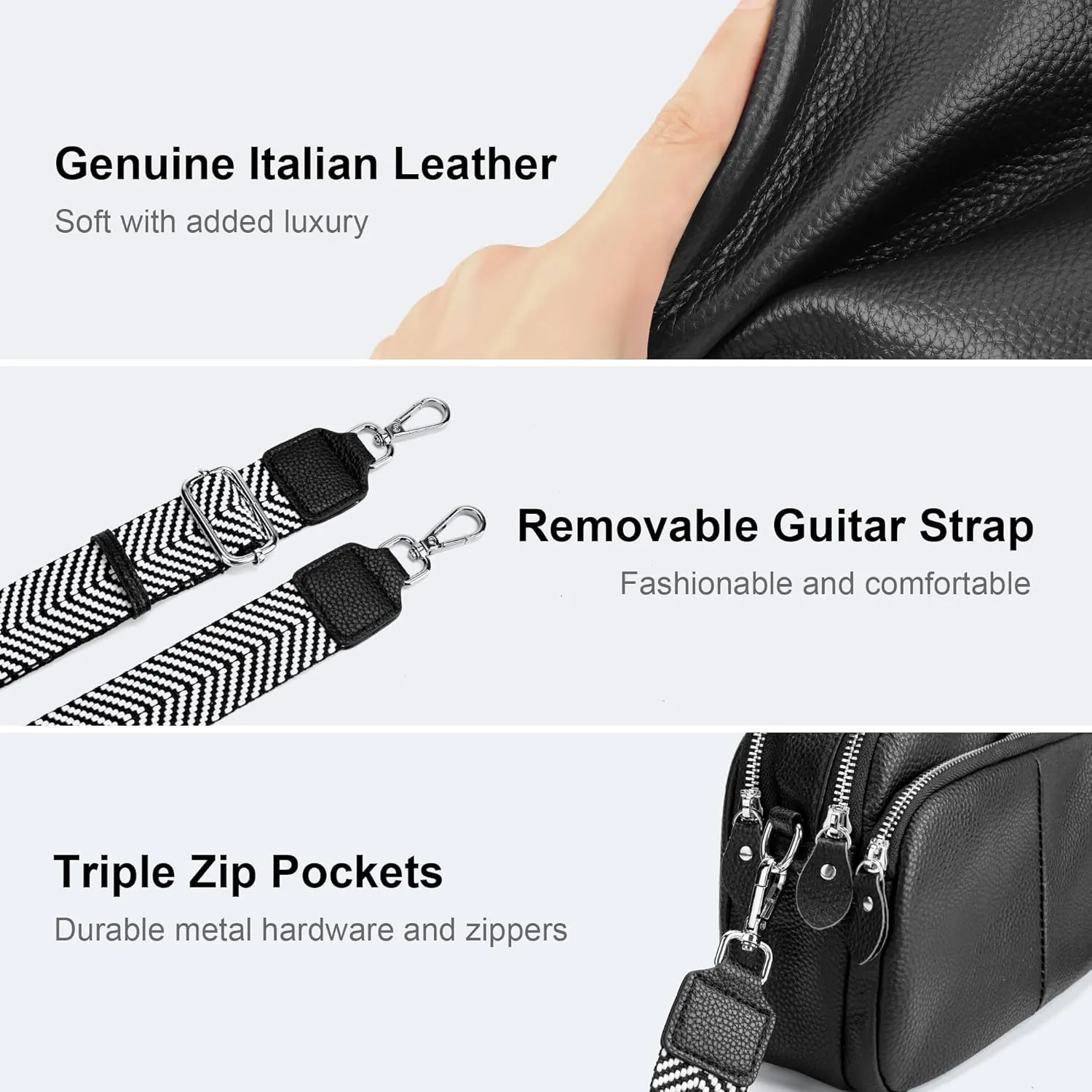 befen Small Genuine Leather Camera Crossbody Bags for Women Triple Zip Cross Body Purses Handbag with Wide Strap