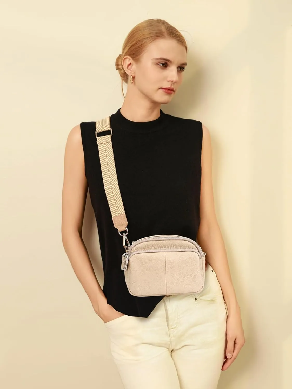 befen Small Genuine Leather Camera Crossbody Bags for Women Triple Zip Cross Body Purses Handbag with Wide Strap