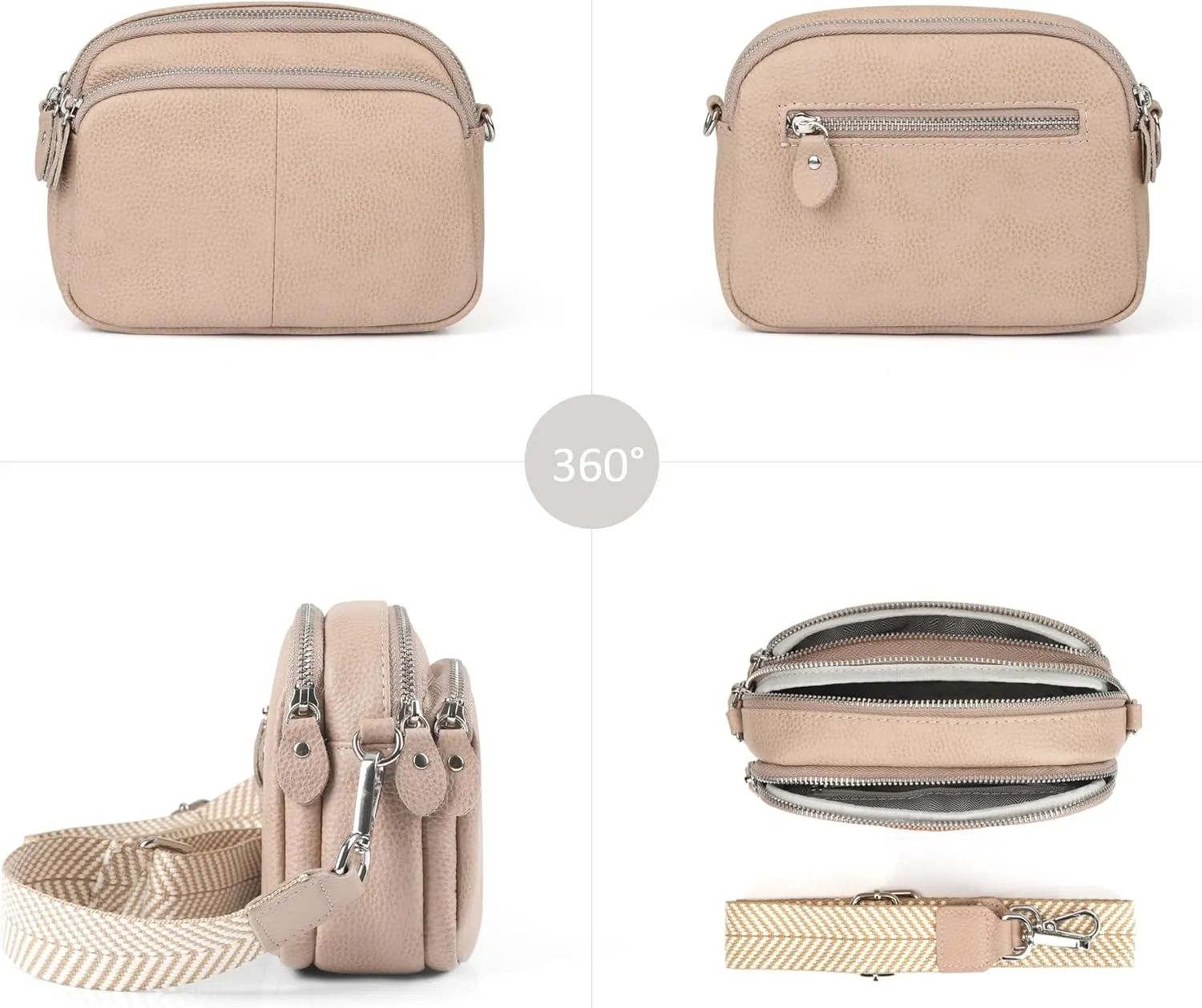 befen Small Genuine Leather Camera Crossbody Bags for Women Triple Zip Cross Body Purses Handbag with Wide Strap