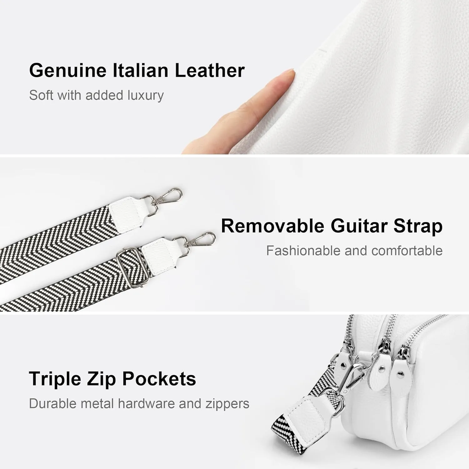 befen Small Genuine Leather Camera Crossbody Bags for Women Triple Zip Cross Body Purses Handbag with Wide Strap