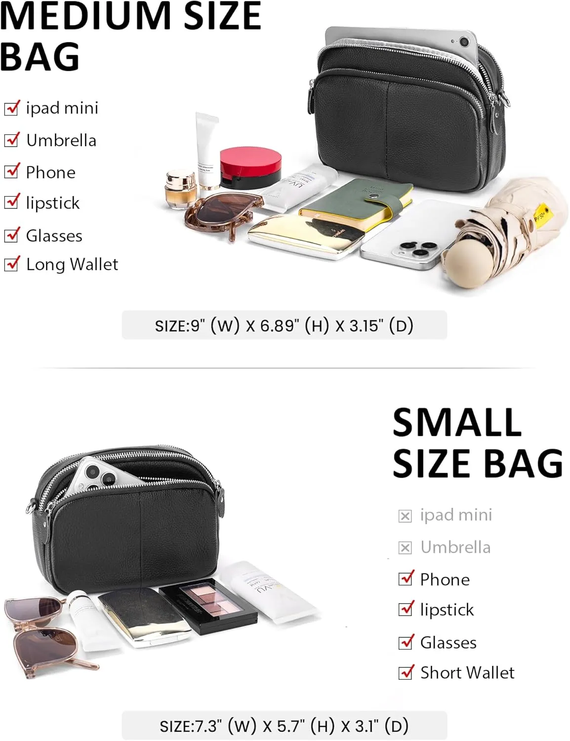 befen Small Genuine Leather Camera Crossbody Bags for Women Triple Zip Cross Body Purses Handbag with Wide Strap